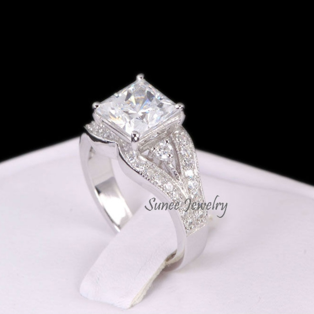 NEW 925 STERLING SILVER PRINCESS DIAMOND CUT WEDDING RINGS ENGAGEMENT RING SET - Picture 3 of 4